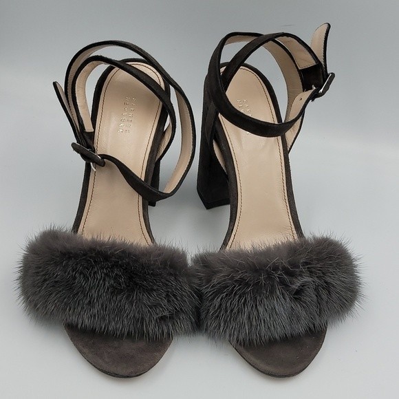 Barneys New York  block heel ankle strap mink fur heels Sz 37.5 Dark Grey - Picture 4 of 9